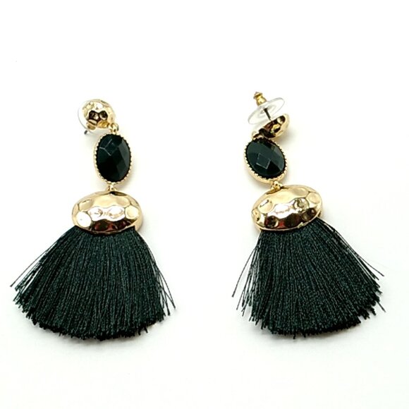 Black Hammered Gold Plated Tassel Post Earrings - Picture 6 of 6